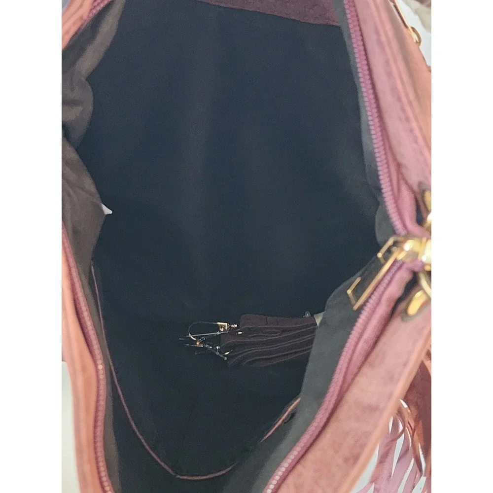 Mellow World NWOT Amethyst Faux Leather Woven Fringe Hobo Bag Burgundy Boho